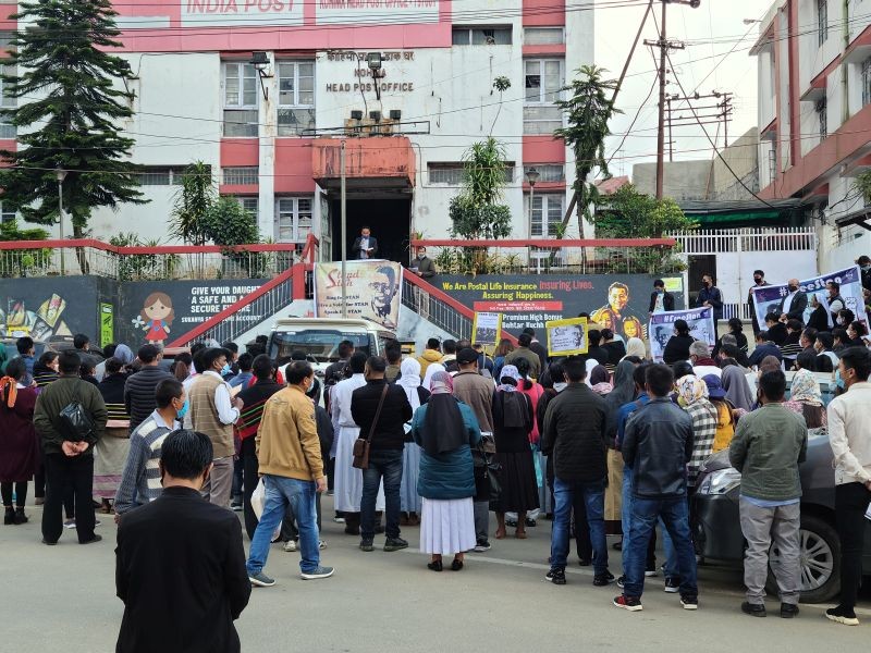 Demonstrators gather near the Kohima Post Office on November 17 to protest the alleged false implication and jailing of Rev Fr Stan Swamy SJ.